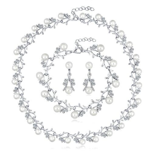 Set De Collier De Perles, Alliage Avec Collier Serti De Diamants, Boucles D?Oreilles Et Bracelet De Trois Pièces Pour Correspondre À Une Robe De Fête