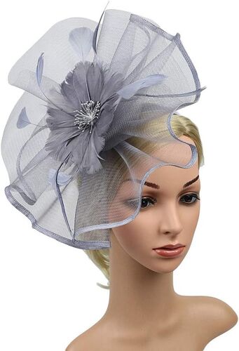 (Gris) chapeau de bikini de mariage en maille modèles créatifs bandeaux de cheveux pour le bal de fin d'année bandeaux de cheveux double usage chapeau melon à plumes exagérées coiffure de mariage phot