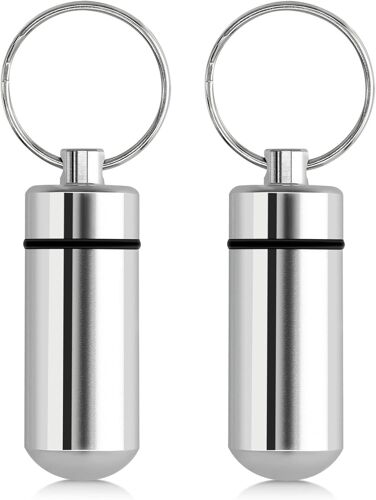 KALANKA-2x Boîte à pilules - 2x Mini boite à comprimés avec anneau porte-clés - Pilulier portable médicament bureau voyage - argenté