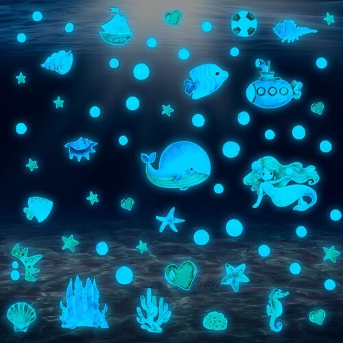 Sea Life Sirène Glow in the Dark Sticker (Bleu), Plafond Lune et Étoiles Glow Wall Sticker, Enfants Étoile Fluorescente Bébé Fille Enfants Chambre Plafond Décoration Murale Salon
