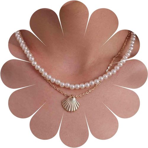 Jum-Boho Layered Shell Collier Choker Or Pétoncle Pendentif Collier Layering Perle Choker Collier Mariage Collier Chaîne Bijoux Pour Femmes Et Filles