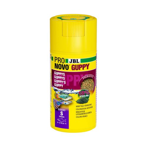 Jbl Pronovo Guppy Grano Aliment De Base Pour Guppys Et Autres Poissons Ovovivipares De 3-10 Cm Granulés Pour Poissons Doseur Clic Taille S 100 Ml