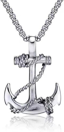 Kal-Collier Ancre En Zama - Argent Ou Noir - Pendentif 34x24 Mm Avec Chaîne De 60 Cm - Style Marin Symbolique Unisexe