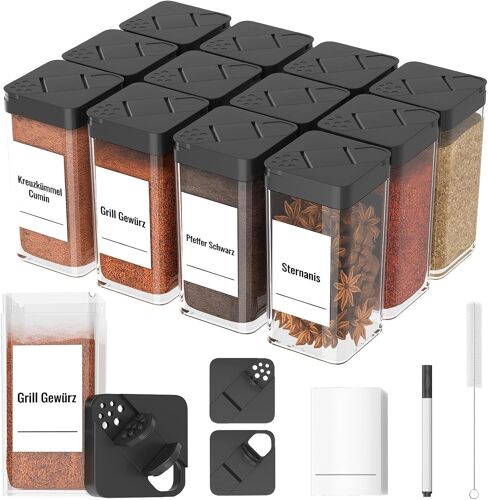 Jexnovashop-Pot A Epices, Bocaux À Épices12 Pièces, Plastique Robuste Pot À Épices Sceller Avec Couvercle, 120ml Boite À Épices Cuisine Rangement Avec 36 Étiquettes Epices, Brosse, Stylo