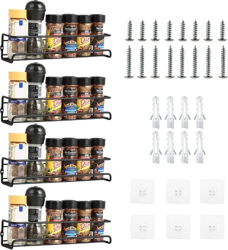 Jexnovashop-Tagères À Épices Murales - Lot De 4 Rangement Epices Cuisine - Sans Perçage - Étagère À Épices Auto-Adhésive - Avec 8 Autocollants Et Vis - Idéale Pour Les Armoires De Cuisine