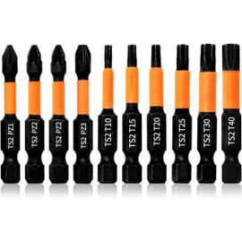 KAL-Jeu De 10 Embout Visseuse Torx Et Pozidriv Longueur 50Mm Bit De Tournevis À Aimanté Choc Pz1 Pz2*2 Pz3 T10 T15 T20 T25 T30 T40, Tige Hexagonale 1/4