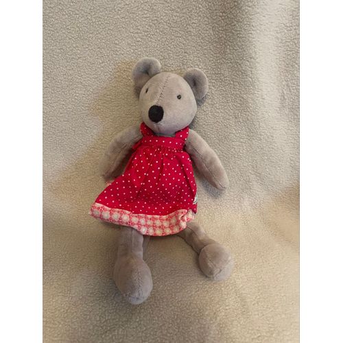 Doudou peluche souris moulin roty robe rouge la grande famille grise 