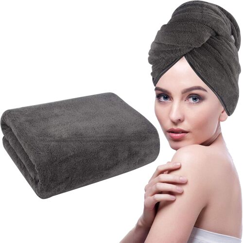 Kalanka-Grande Serviette Séchage Cheveux Microfibre Doux61cm X 112cmgrande Serviette De Bain Super Absorbent Turban Soin Cheveux Séche Rapidement Gris Foncé 1 Pack 