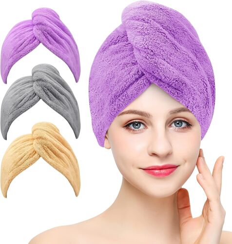 3 Pièces Serviette Microfibre Cheveux,Serviette Cheveux Sechage Rapide De Super Doux Et Absorbant,Turban Torsadé,Avec Boutons,Boucle De Bain,Bonnet Pour Cheveux Secs (Gris Kaki Violet) 
