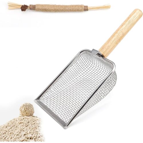 Kalanka-Métal Pelle Litiere Chat, Acier Inoxydable Pelle Litiere, 6 Mailles Pelle À Chat En Métal, Avec Jouet Pour Chat, Manche En Bois Pelle A Crotte Chat, Pour Bac À Litière Pour Chat