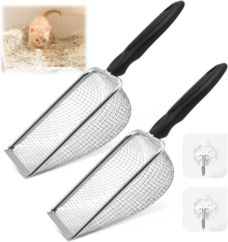 Kalanka-2 Pièces Pelle A Litiere Chat, Metal Cat Litter Scoop Avec 2 Crochet, Pelle À Litière Pour Chat Mailles Fines 3.8 Mm, Pelles Litiere Avec Poignée, Pelles À Tamis Pour Plupart Des Bacs À Litiè