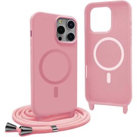 Magnétique Coque Pour Iphone 14 Pro Avec Cordon,Compatible Avec Magsafe,Coque Silicone Pour Magnétique Avec Réglable Collier - Pink
