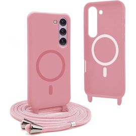 Magnétique Coque Pour Samsung Galaxy S23 Plus Avec Cordon,Compatible Avec Magsafe,Coque Silicone Pour Magnétique Avec Réglable Collier - Pink