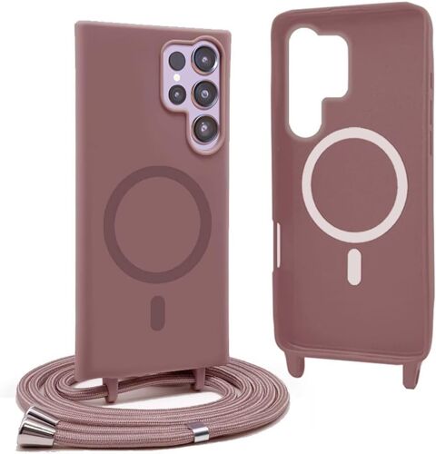 Magnétique Coque Pour Samsung Galaxy S24 Ultra Avec Cordon,Compatible Avec Magsafe,Coque Silicone Pour Magnétique Avec Réglable Collier - Rose Gold