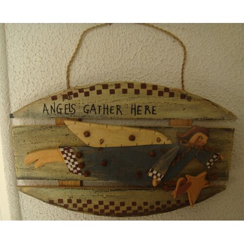 Suspension murale "Angels Gather Here" / Décoration sur bois peint. 30 x 19 cm