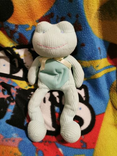 Doudou Peluche Grenouille Vert Turquoise Nid D'abeille Billes Ruban Satin Jaune