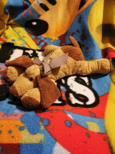 Doudou Peluche Chien Allongé Beige Marron Noeud Vichy