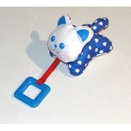 doudou chat en toile anneau carré bleu hochet vintage fisher price