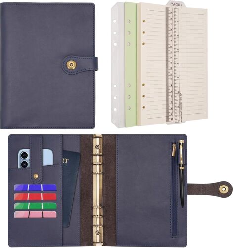 Classeur Agenda A5 Cuir Carnet De Notes De Voyage,Papier Ligné Rechargeable Avec Stylo Pour Organisateur De Budget & Bureau École Planification Écriture(Bleu,A5)