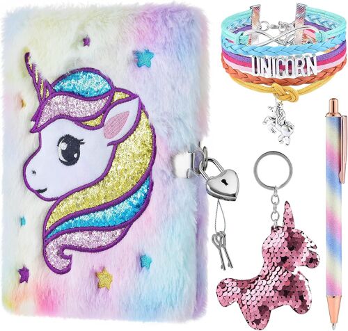 Ensemble de cahier de licorne en peluche-Cahiers pour filles Agenda privé Broderie Voyage scolaire bloc-notes Stylo Gel Porte-clés Bracelets Serrures Clés Cadeau de Noël d'anniversaire