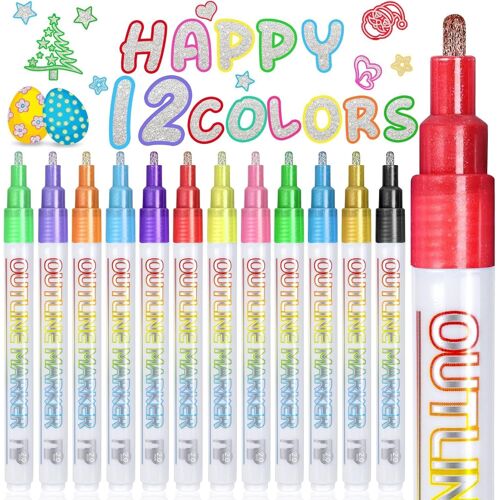 Stylos Contour 12 Couleurs Feutres Paillettes Stylo Paillette Marqueur Magique Feutre Acrylique Pour Dessin,Scrapbooking,Carte Cadeau,Loisirs Créatifs Fille,Cadeau Noel Enfant
