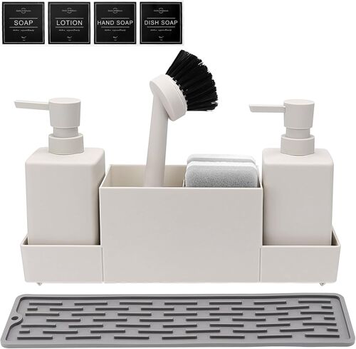 Organisateur Evier Cuisine Distributeur de Liquide Vaisselle Accessoire de Rangement Brosse à Vaisselle avec Distributeur de Liquide Blanc (350ml)