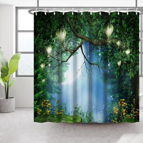 CMJAAGUR-Rideau De Douche Forêt Fantaisie Rideau De Douche Ciel Étoilé Clair De Lune Pour Salle De Bain Nature Calme Lanternes Arbre Rideau De Salle De Bain Accessoires 183X183Cm[M349]