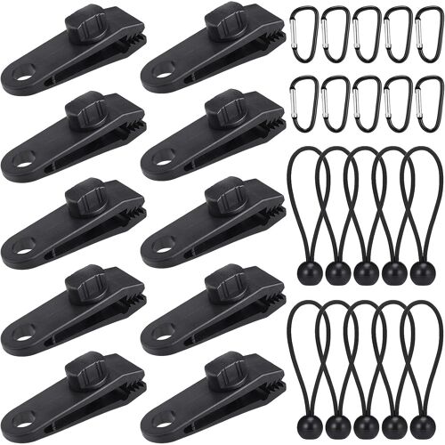 30 Pack Tarp Clips Heavy Duty Tarp Clips With Bungee Cords And D-Buckle, Locking Clips For Fixing Tarps, Awnings, Tarpaulins, Outdoor Camping, Caravan Awnings
