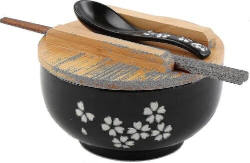 Ensemble De Bols De Ramen,Bols De Nouilles Ramen Japonais Avec Couvercle Cuillère,Grand Bol À Soupe En Céramique,Bol De Riz Noir Dessiné À La Main Rétro