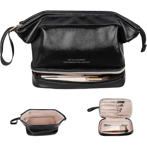 (Noir) Grande trousse de maquillage, trousse de maquillage double couche, trousse de voyage étanche pour femmes et filles