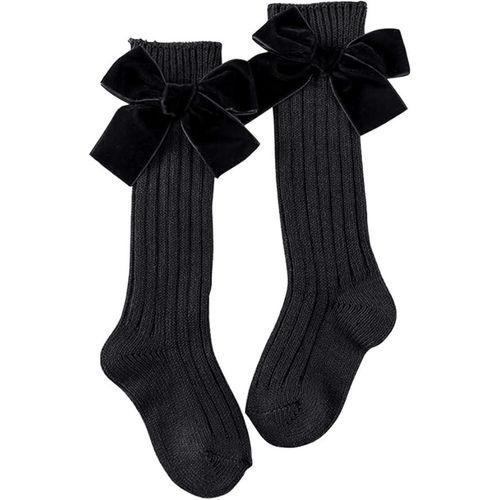 Bébé Noir Filles Respirant Chaussettes Longues Avec Bow Coton Peigné Chaussettes D'hiver Garder Au Chaud Et Doux