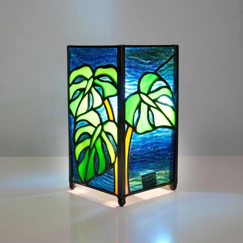 Petite Veilleuse Tiffany Lampe De Table En Verre Teinté Vert Tropical Turtles Back Bamboo Palm Leaves Mini Retro Accent Light Unique Hand-Made Bedside Lamp For Home Decor Boys Girls Gifts