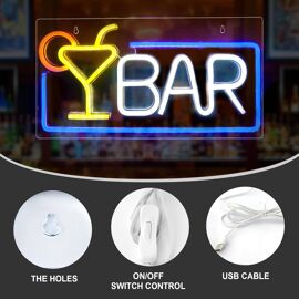 Enseigne Lumineuse Néon "Bar Ouvert" - 42x21 Cm, LED Alimentée Par USB, Variateur Et Télécommande - Décoration Murale - 13