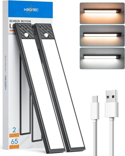 Led Lampe De Placard À Détecteur De Mouvement, 2500Mah Rechargeable Reglette Sans Fil, Eclairage Sous Meuble Pour Cuisine, Placard, Escalier, Couloir (3 Couleurs, 33,5 Cm)