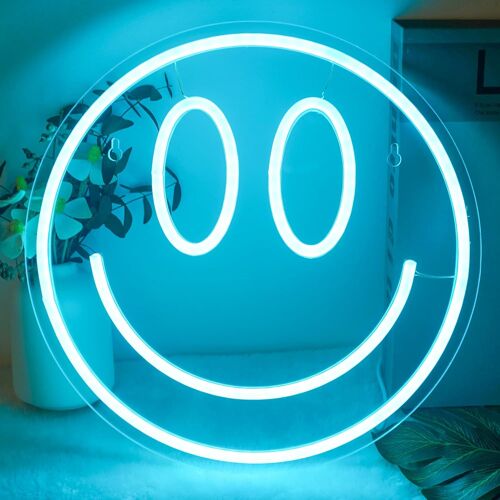 Enseigne Néon Sourire, Alimentée Par Usb Décoration Murale, Luminosité Réglable Led Néon Enseignes Lumineuses Decor, Design Joyeux Pour Fêtes, Anniversaires Ou Ambiance Maison - Bleu Clair