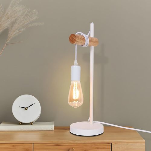 Asas-Lampe De Table E27 Industrielle,Lampe De Chevet Métal Blanc,Veilleuse Bois Vintage Avec Interrupteur 1.5m,Base De Veilleuse Pour Chambre,Salon,Bureau,Bar(Sans Ampoule)