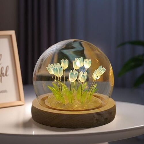 Veilleuse Led En Forme De Tulipe En Forme De Fleur De Cristal Avec Base En Bois, Fonctionne À Piles, Atmosphère De Nuit, Simulation De Sommeil, Enfants, Filles, Couples, Amis, Cadeau D'ambiance (Bleu