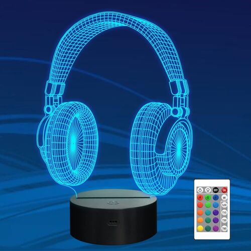 Veilleuse 3d Casque, Lampe D'hologramme D'illusion De Casque, 16 Couleurs Changeante Avec Télécommande Gradable, Nouveauté Gamer Room Decor Cadeaux D'écouteurs Pour Mélomane Garçon Hommes