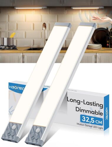 Reglette Led Cuisine Rechargeable Usb, Dimmable 2500mah Led Detecteur De Mouvement Interieur, Led Cuisine Sous Meuble Pour Armoires Escalier Cuisine Placard Lot De 2 (Lumière Blanche Chaude, 32,5cm)