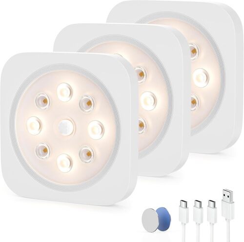 Lampe Led Placard Sous Meuble - 1200Mah 4000K Lumiere Armoire Cuisine Rechargeable Avec Detecteur De Mouvement Interieur & Liaison Sans Fil - Veilleuse Pour Dressing Escalier | 3 Pack
