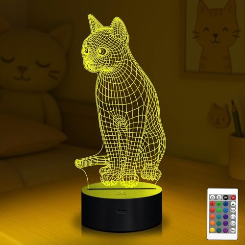 Pet Cat 3d Illusion Lampe Cadeau De Noël Lampe De Table De Chevet,16 Couleurs Changement Automatique Interrupteur Bureau Décoration Lampes Cadeau D'anniversaire Avec Télécommande