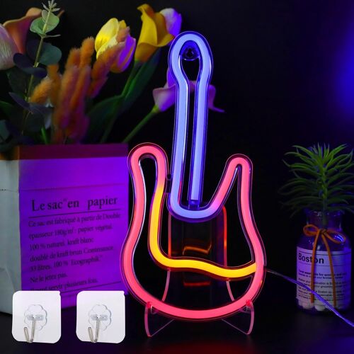 Panneau Néon Guitare Néon Pour Décoration Murale, Panneau Led Avec Lumière Led Alimentée Par Usb/Piles Pour Décoration De Chambre À Coucher, Chambre De Fille, Bar À Musique