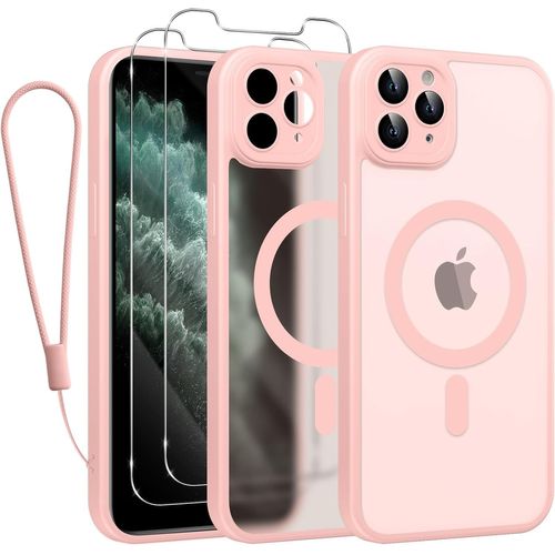 Trahoo-Magnétique Coque Pour Iphone 11 Pro Max Con Cordon, [Compatible Avec Magsafe], Etui Translucide Mat Arrière Housse Fine Antichoc Case Avec 2 Pièces Verre Trempé Étui, Rose