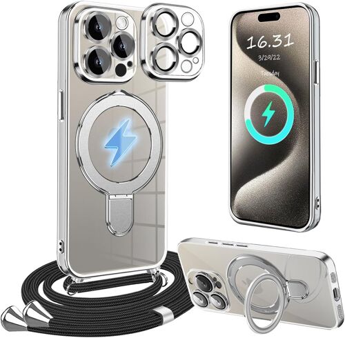 TRAHOO-Magnétique Coque avec Cordon pour iPhone 15 Pro Max avec Support,[Caméra Arrière Protecteur][Compatible avec MagSafe] Housse Transparente Silicone avec Collier Antichoc Étui pour iP 15 Pro Max