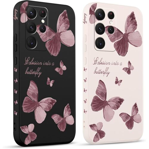 AEFJ-2 Pièces Coque pour Samsung Galaxy S22 Ultra 5G 6,8"", Etui avec Violet Pente Papillon Mignon Amusante Peint Dessin Latéral Case Souple Silicone Housse Téléphone en Souple Fille Cover