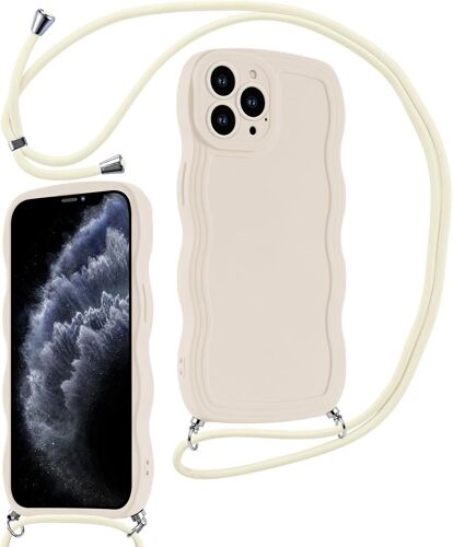 acdsgd-Coque avec Cordon pour iPhone 13 Pro Max 6,7"", Wave Frame Silicone Etui avec Collier Réglable Corde 3D Souple TPU Housse de Protection Bumper Cover pour Femmes Filles, Blanc