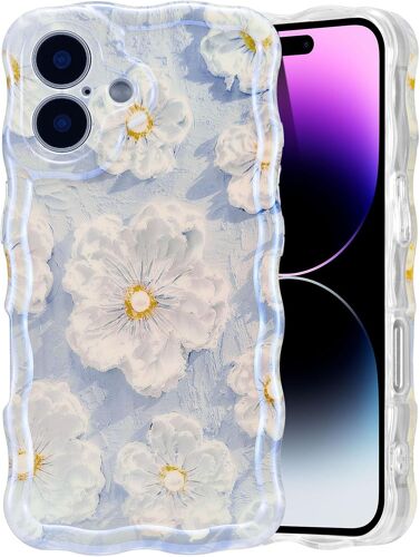 KALANKA-Coque de Téléphone pour iPhone 16, Coloré Vintage Peinture à l'huile Fleur Étui de Téléphone Brillant Curly Wave Frame Forme TPU Cas à La Durable Rayures Housse de Protection - Bleu