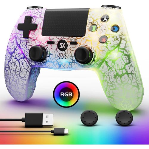 Manette Sans Fil Pour Ps4, Manette Led Pour Ps4 Compatible Avec Ps4/Slim/Pro/Pc/Ios/Android, Lumière Rgb, Motif De Fissure, Batterie De 1000 Mah, Deux Moteurs De Vibrations, Gyroscope À 6-Axes