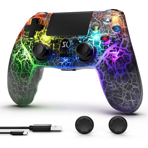 Manette Sans Fil Pour Ps4, Manette Led Pour Ps4 Compatible Avec Ps4/Slim/Pro/Pc/Ios/Android, Lumière Rgb, Motif De Fissure, Batterie De 1000 Mah, Deux Moteurs De Vibrations, Gyroscope À 6-Axes