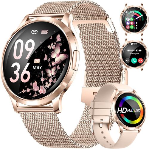 Montre Connectée Femme Avec Appel Bluetooth,1.32"" Amoled Display Ronde Smartwatch Femme Avec 110+ Modes Sportifs/Fonction Féminine/Fréquence Cardiaque/Sommeil,Ip68 Android Ios Rose Or
